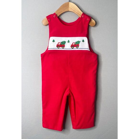 NWT Anavini Smocked Christmas Tree Trucks Red Corduroy Longall Boys 12 Mo